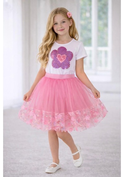 Dıgıl Kids Kız Çocuk Kalp Ve Çiçek Desenli T-shirt Etek Takım Pembe