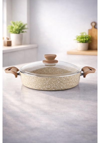 Diez 30 Cm Granit Basık Tencere Cappucıno Yapışmaz Karnıyarık & Pilav Tenceresi Cam Kapaklı