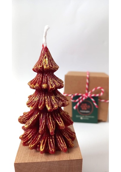 Petekoğlu Doğal Petek Balmumu Mum Kırmızı Altın Simli Çam Ağacı Boy 8.5 Cm Bal Mumu Beeswax Candle Diğer