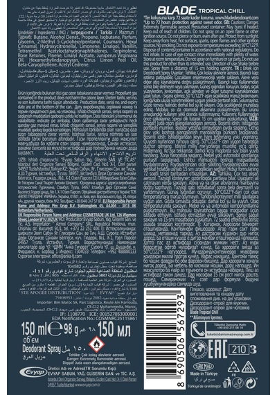 Tropical Chill Erkek Alüminyumsuz Deodorant Body Spray 4x150ml Hızlı Kurur,leke Bırakmaz