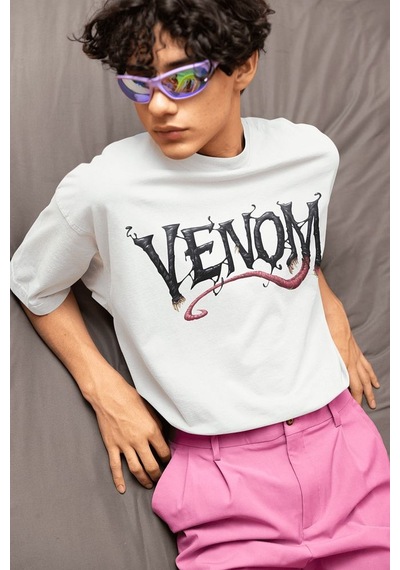 Tasarım Venom Baskılı Unisex Oversize Tişört Beyaz