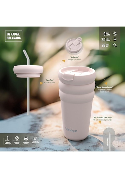 Stevig 3 Bubble Two-cap Straw Tumbler Çelik Termos 600 Mililitre Lightest Sky St-247 Çok Renkli