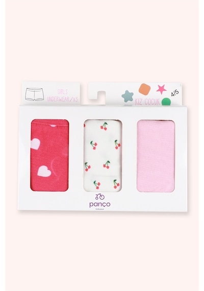 Panço Kız Çocuk Kiraz Desenli Pembe 3'lü Boxer Seti