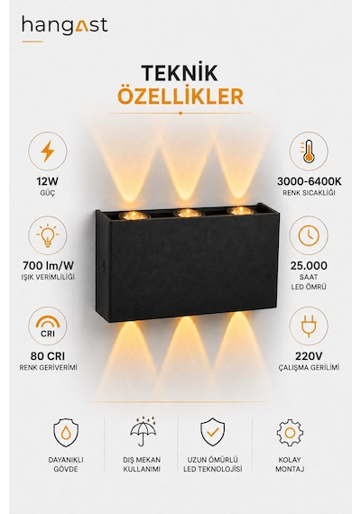 Pilli Amber 3 Led Dekoratif Duvar Apliği Çift Yönlü Yukarı Aşağı Aydınlatma İç & Dış Mekan Duvar Lambası Siyah