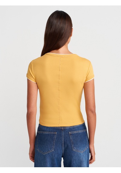 Dilvin 31750 Kontrast Kısa Kollu Tshirt-hardal Hardal