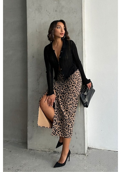 Verymoda Leopar Desenli Uzun Kalem Etek F1665 Vizon Siyah