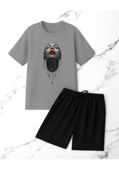 Uyguntarz Unisex Pırlantalı Kadın Portresi Tasarım Basklı Tshirt Şort Takımı Gri