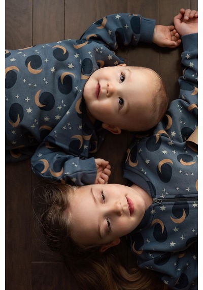 Antebies Organik Gots Sertifikalı Yıldızlı Gece Desenli, Uzun Kollu, Ribanalı Bebek Sweatshirtü Mavi