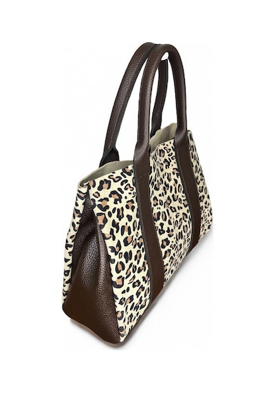 Leopar Desenli Deri Omuz Çantası, Kahverengi Detaylı, Fermuarlı Leopar