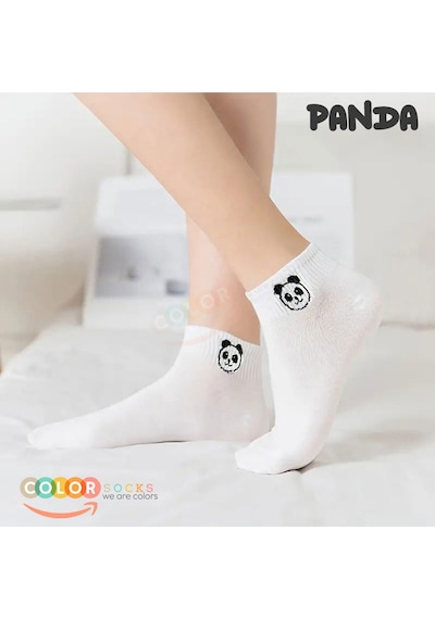 5 Çift Beyaz Panda Desenli Yarım Kolej Kadın Çorap Seti Beyaz