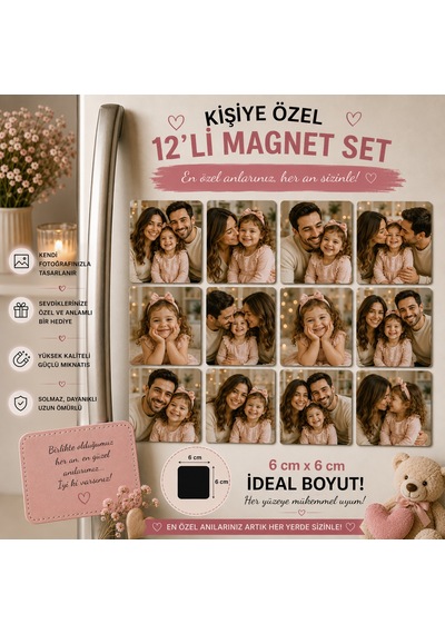 12'li Kare Fotoğraf Magneti Anne Baba Kız Çocuğa Kişiselleştirilebilir Aile Hediye Seti