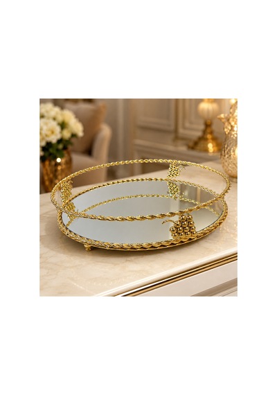 Sleep Nova Gold Üzüm Motifli Aynalı Oval Dekoratif Tepsi Lüks Sunum Tepsisi