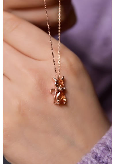 Papatya Silver 925 Ayar Gümüş Rose Kaplama Kasım Ayı Doğum Taşlı Kedi Kolye