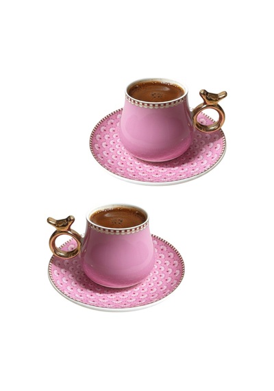 6 Kişilik Pembe Kuş Detaylı Lüks Türk Kahvesi Fincanı - 90 Ml Diğer