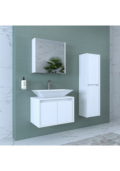 Banos Banyo Roomart Lavabolu Mat Beyaz Mdf 65 Cm Banyo Dolabı+Ayn Mat Beyaz
