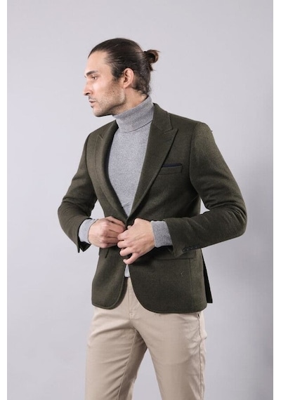 Wessi Yün Tek Düğmeli Yeşil Slim Fit Ceket Siyah