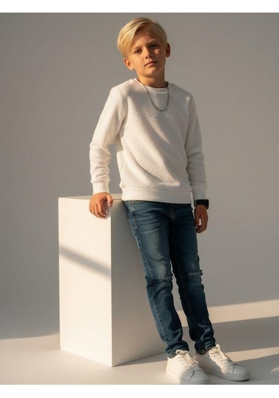 Zekids Erkek Çocuk Uzun Kollu İnce Triko T-shirt-16692 Beyaz