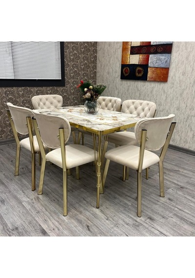 80-120 Ck Gold Mutfak Masası Takımları , 6 Kişilik Mutfak Masası Takımı Beyaz Mermer 80-120 Ck Gold Mutfak Masası Takımları , 6 Kişilik Mutfak Masası Takımı Beyaz Mermer