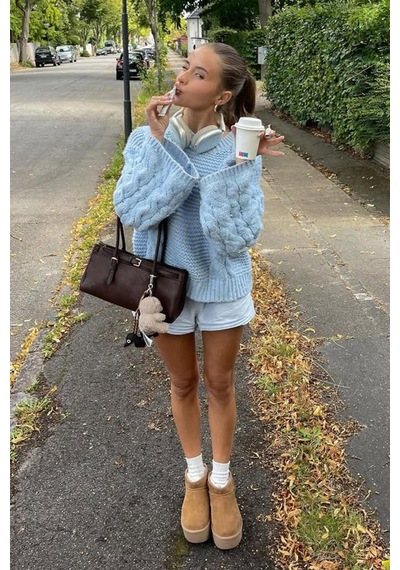 Madmext Bebe Mavisi Bisiklet Yaka Örgü Desen Kadın Triko Kazak Mg2601 Bebe Mavisi
