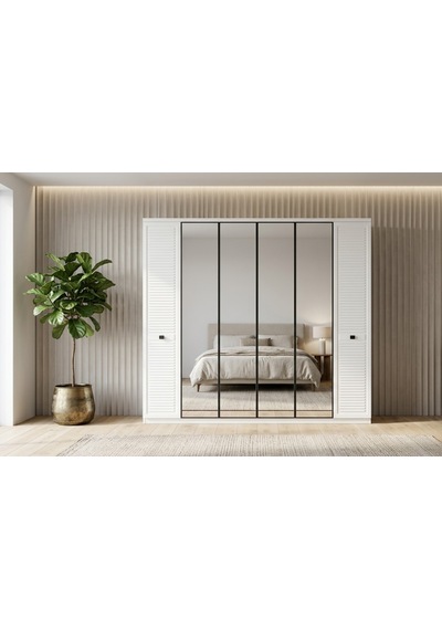 Valien Tamamı Mdf 6 Membranlı Kapaklı Reflekte Camlı Gardırop Dolap Beyaz