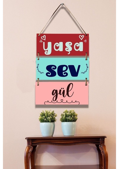 3'lü Mdf Tablo Seti, Yaşa Sev Gül Pozitif Yazı Süsü, Ev, Oturma Odası, Salon, Ofis Duvar Dekoru