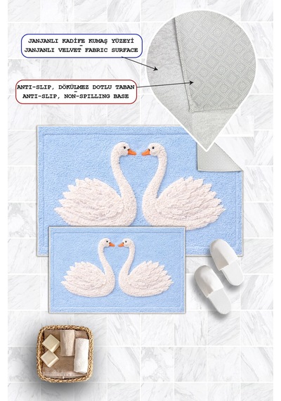 Kuğu Desenli Dijital Baskılı Yıkanabilir 2li Banyo Paspası 50x60-60x100 Mavi