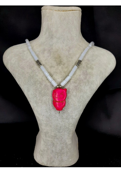 Mryart Baykuş Figürlü Doğal Taş Kolye Pembe Sembol El Yapımı Özel Tasarım Beyaz - Pembe