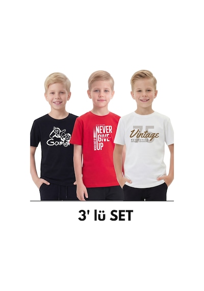 Fyk Kids 3'lü Yuvarlak Yakalı Baskı Detaylı Basic 3 Parça Erkek Çocuk Tişört Siyah - Kırmızı