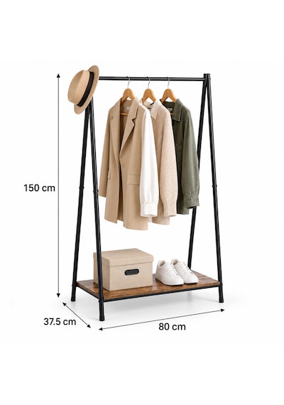 Raflı Vestiyer Askılık Metal Elbise Askılığı Açık Gardırop Kıyafet Askısı Siyah 80x37,5x150 Cm