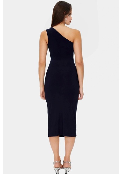 Ersefa Bodycon Midi Elbise Kolsuz Tek Omuz Örme Kumaş Günlük Şık Dayanık Lacivert
