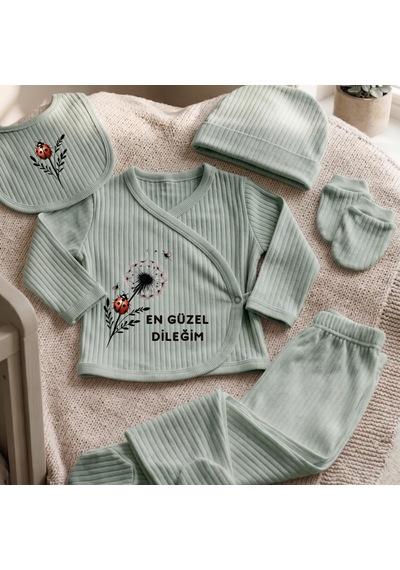 Lexroo %100 Pamuk Yenidoğan Bebek Hastane Çıkış Seti En Güzel Dileğim Yazılı Yeşil 5'li Bebek Takımı