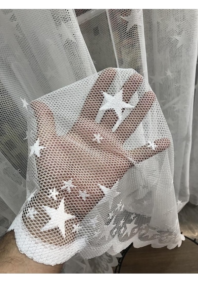 Tül Perde Çocuk Odası Irili Ufaklı Yıldız Desen Örme Kumaş Ekru