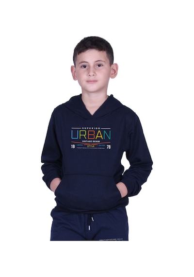 Fyk Kids Erkek Çocuk Baskılı Kanguru Cepli Kapüşonlu 2li Eşofman Takımı Füme - Lacivert