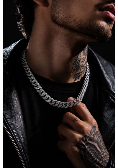 Erkek Kadın Taşlı Cuban Chain Kolye Zirkon Taşlı Hip Hop Rapçi Stil Paslanmaz Çelik Kolye Gri