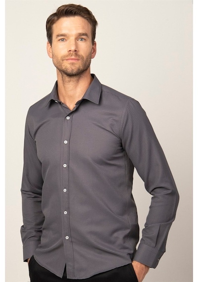 Tudors Modern Fit Uzun Kollu Armürlü Kravatlık Erkek Gri Gömlek-26541 Gri
