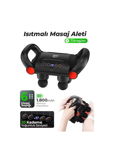 7go 7gmg5 Isıtmalı Masaj Tabancası 6 Başlıklı, 5 Modlu, 20 Kademeli, Lcd Ekranlı Titreşimli Masaj Siyah