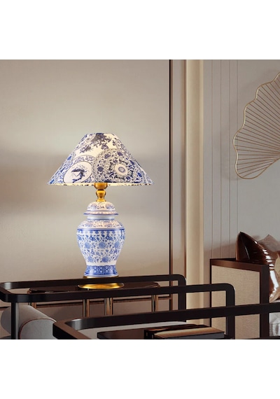 Sanwi Blue Blanc Desenli Seramik Oturma Odası Salon Abajur Lacivert