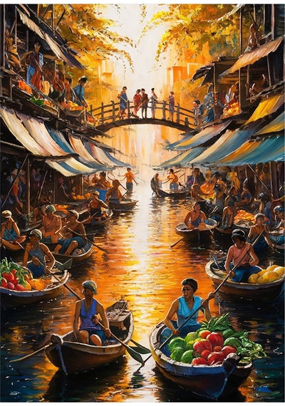Nehirde Meyve Taşıyan İnsanlar Desenli Mdf Tablo 35cm X50cm