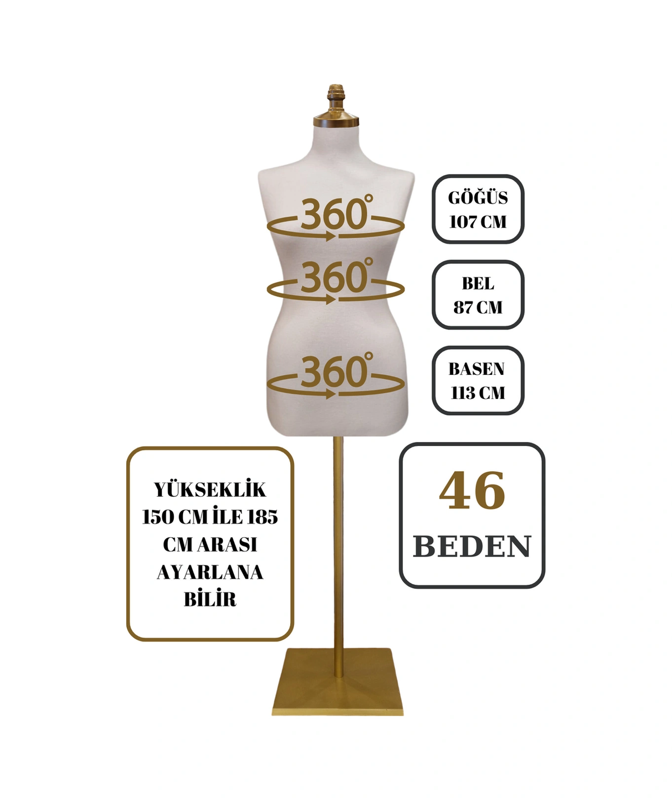46 Beden Iğne Batabilen Terzi Mankeni Prova Mankeni Sünger Manken Gold Ayaklı Beyaz Kumaş Po-01