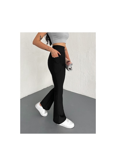 Gugus Kadın Yüksek Bel Toparlayıcı Çift Cepli Ispanyol Paça Tayt Bootcut/push Up Siyah