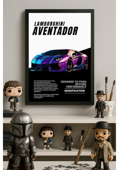 Lamborghini Aventador Siyah Ahşap Çerçeveli Poster, Dekoratif Araba Duvar Tablosu