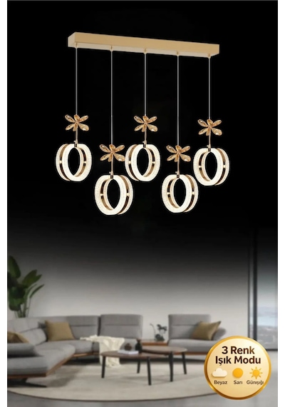 LumiaLighting Mozaik Model 5"li Gold 3 Renk Modu Yemek Masası Oturma Çocuk Yatak Odası Modern Ledli Avize