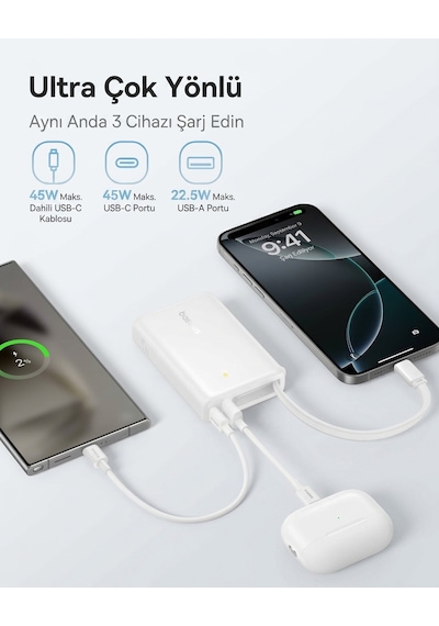 Baseus Picogo 10000mah 45w Dahili Kablolu Dijital Ekranlı Powerbank Beyaz