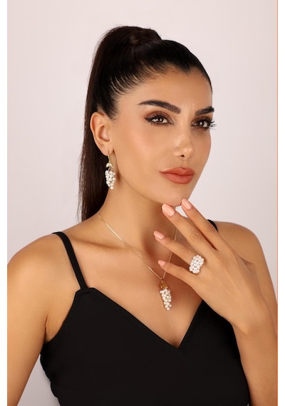 Kadın Üzümlü Doğal İnci Küpe Kolye Yüzük Üçlü Set 15 / Rose Gümüş