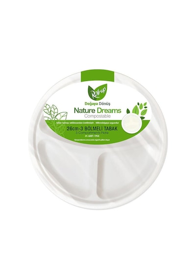 Roll-up Nature Ekolojik Karton Kağıt Tek Kullanımlık 3 Bölmeli Tabak - 26 Cm. - 25 Adetlik 1 Paket Beyaz