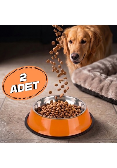 2 Adet Paslanmaz Çelik Kaymaz Taban Turuncu Kedi Ve Köpek Mama Kabı - Küçük Boy 13 Cm - 300 Ml