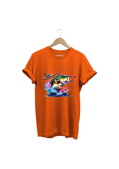 Fishing Balıkçılık Renkli Levrek Balığı Baskılı Avcılık %100 Pamuk Regular Fit Unisex T-shirt Turuncu