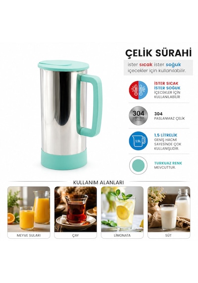 Turkuaz - Paslanmaz Çelik Sıcak - Soğuk Çelik Sürahi 5250