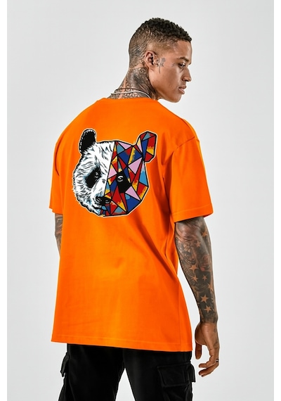Panda Baskılı Oversize Siyah T-shirt Turuncu