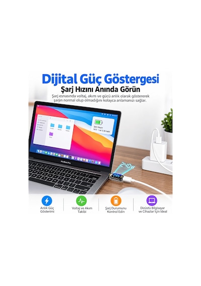 Robodünya 240w Usb 3.1 Type-c Dijital Güç Ölçer Adaptör 40gbps Veri Aktarımı, 8k Görüntü Destekli Voltaj Akım Watt Göstergeli